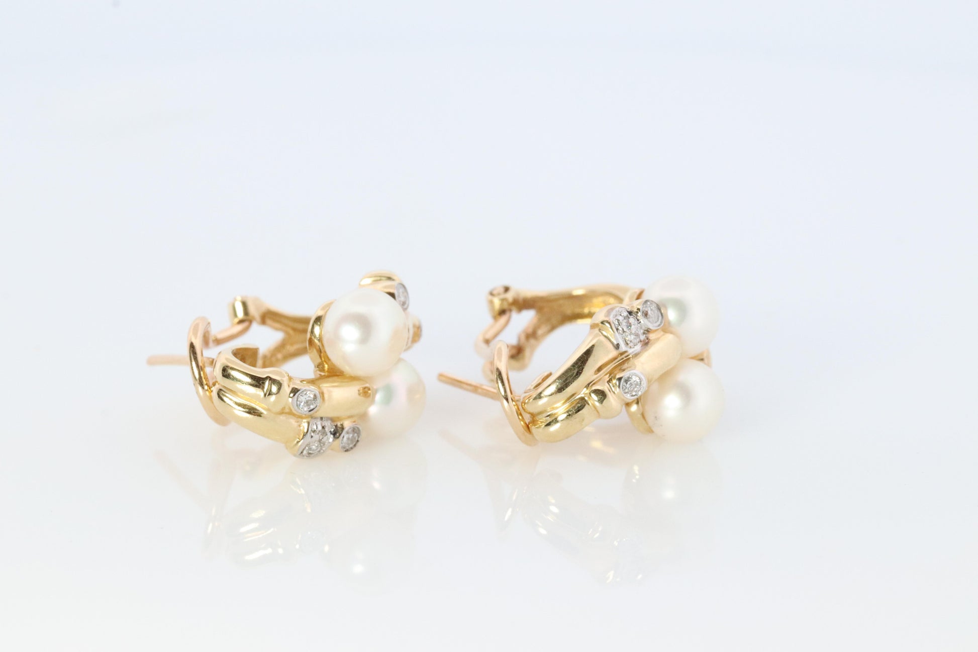 14k Pearl and Diamond Huggies Huggie Cuff Earrings. Bypass Hoop Twin Pearls