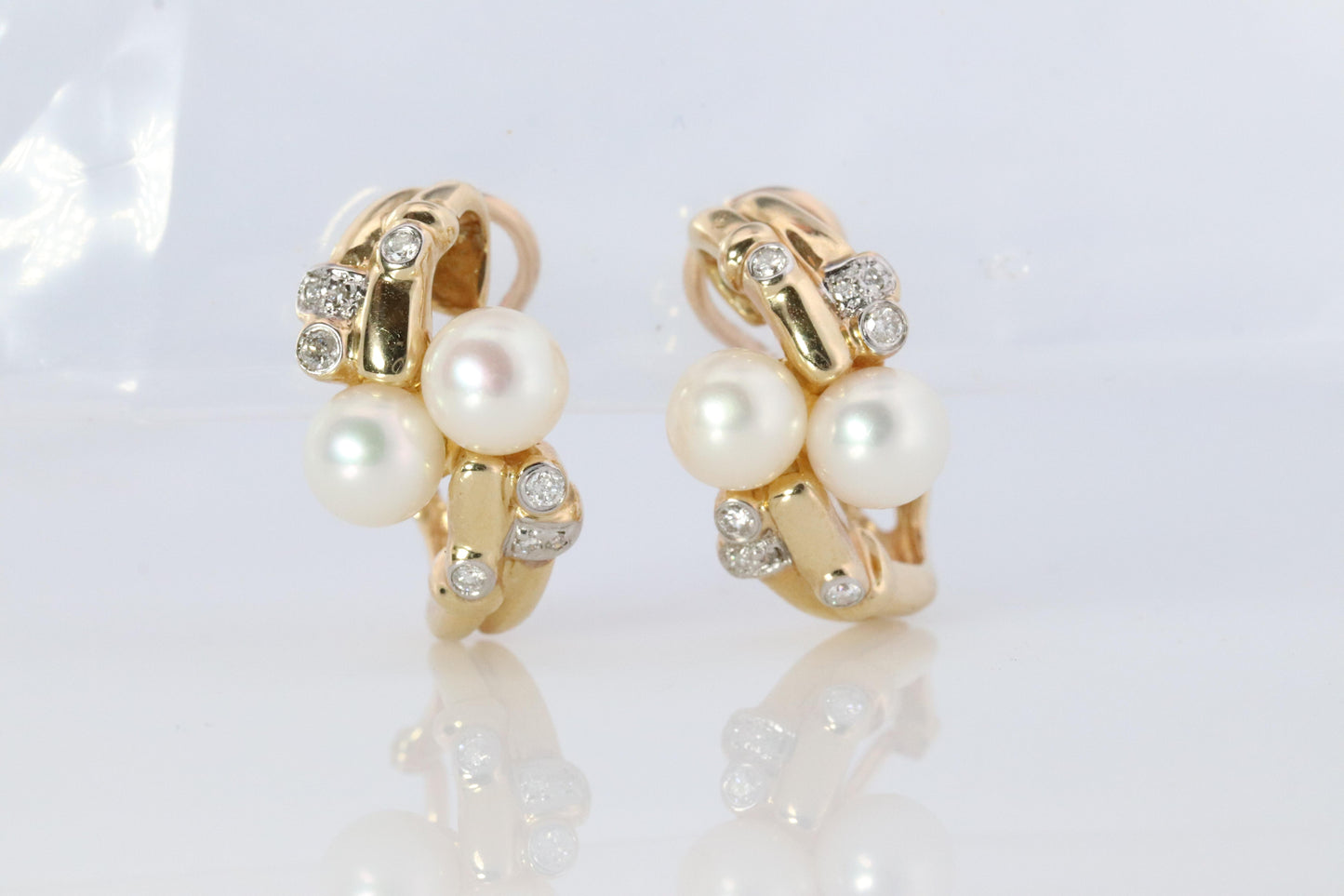 14k Pearl and Diamond Huggies Huggie Cuff Earrings. Bypass Hoop Twin Pearls