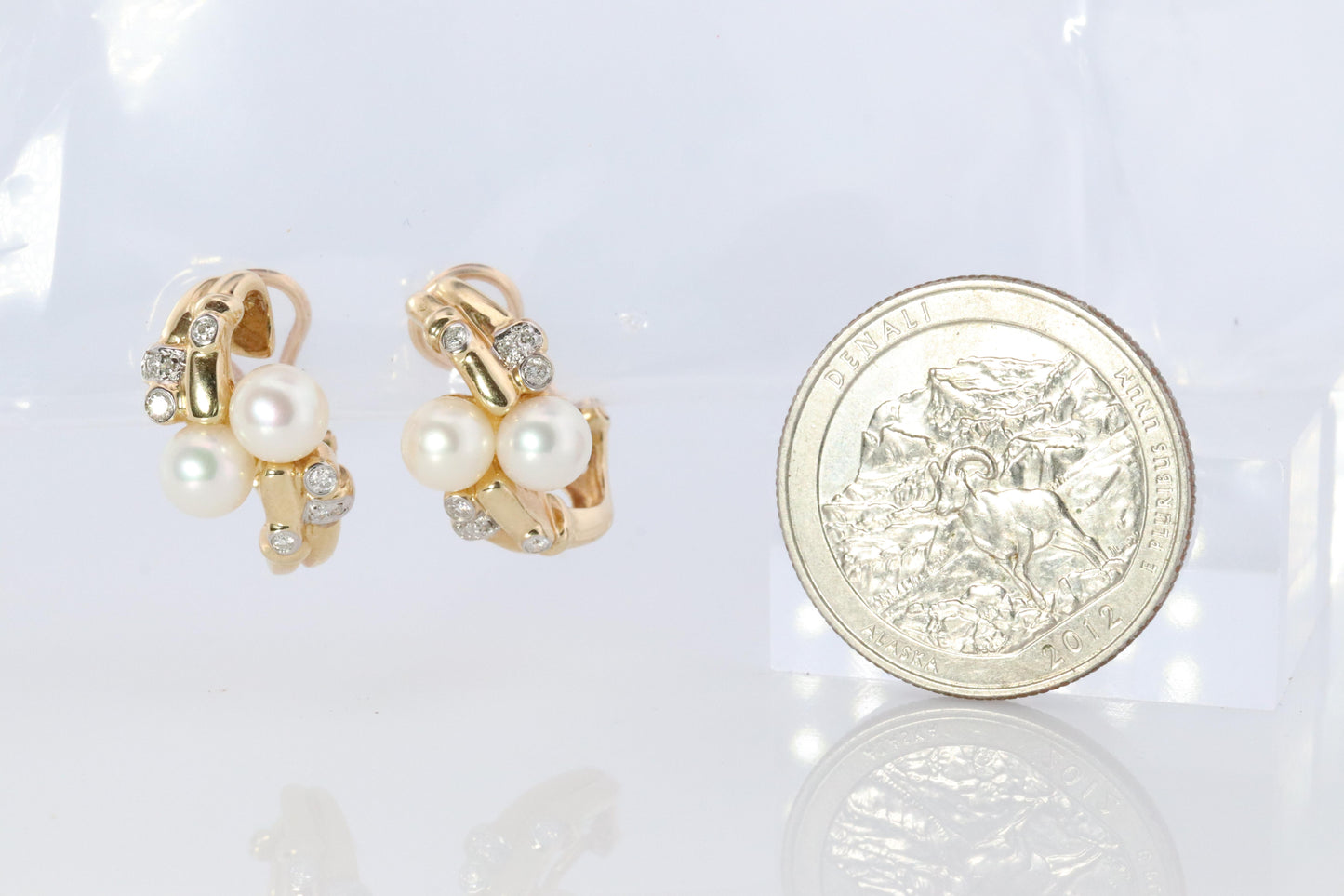 14k Pearl and Diamond Huggies Huggie Cuff Earrings. Bypass Hoop Twin Pearls