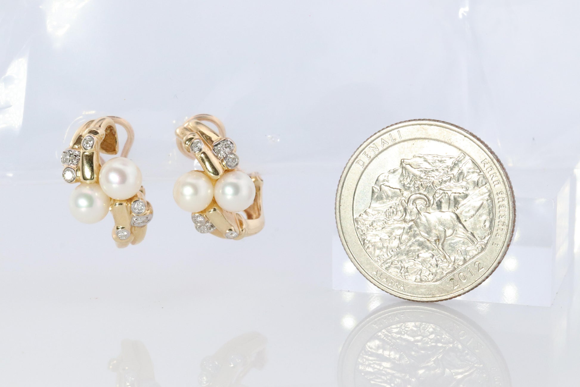 14k Pearl and Diamond Huggies Huggie Cuff Earrings. Bypass Hoop Twin Pearls