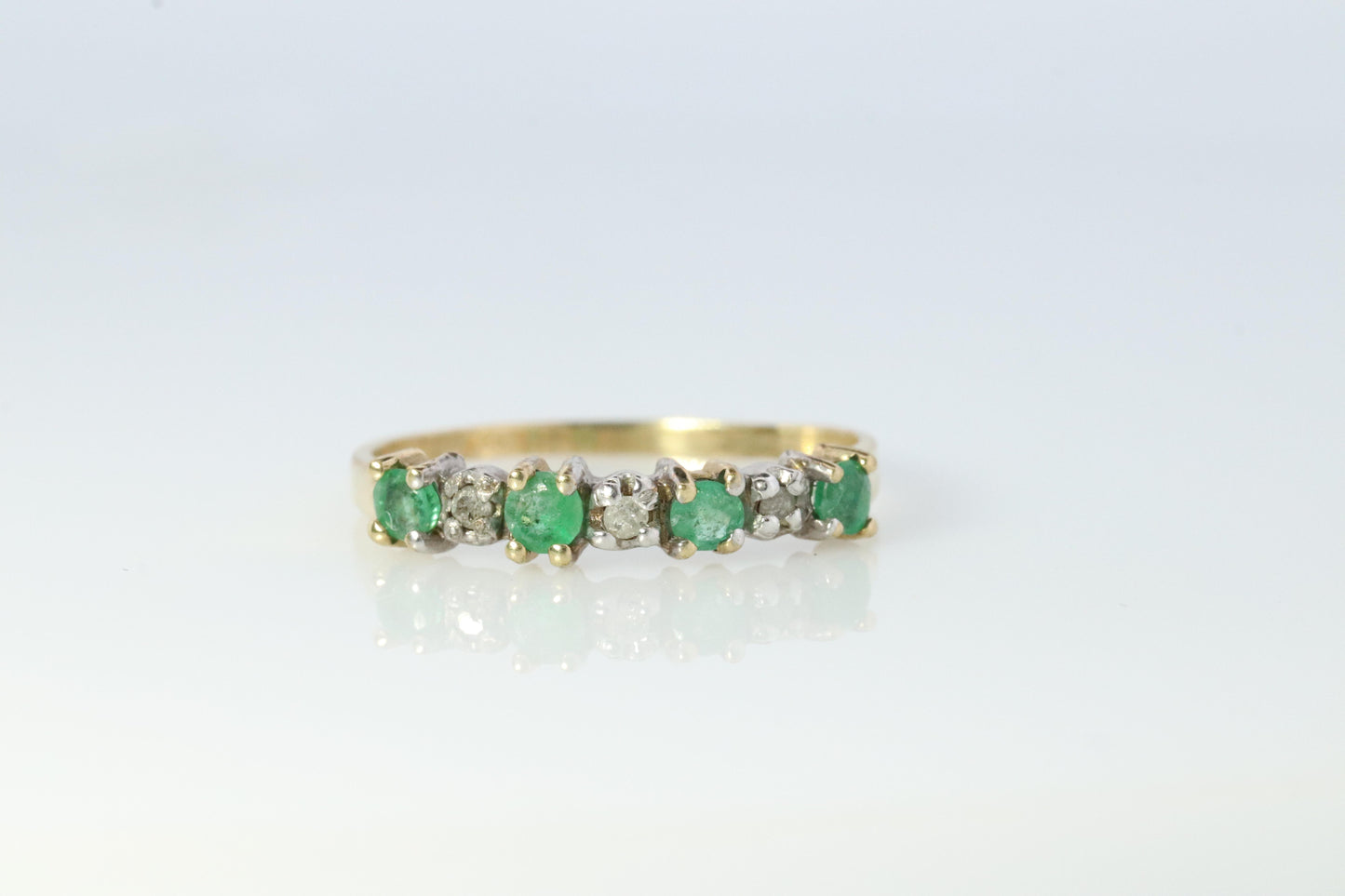 10k Eternity Natural Emerald Yellow gold ring. Half Alternating Eternity band.