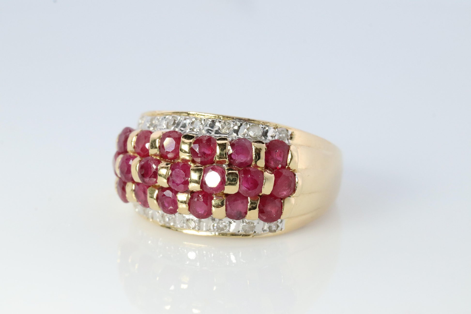 14k Ruby and Diamond Wide Cluster Encrusted ring. 14k Yellow Gold and diamond