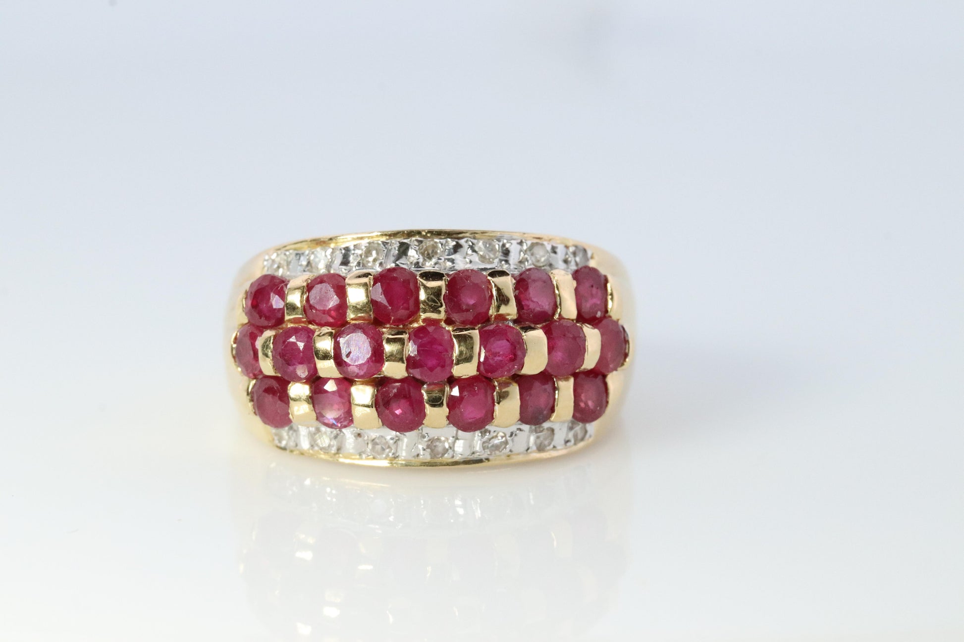 14k Ruby and Diamond Wide Cluster Encrusted ring. 14k Yellow Gold and diamond