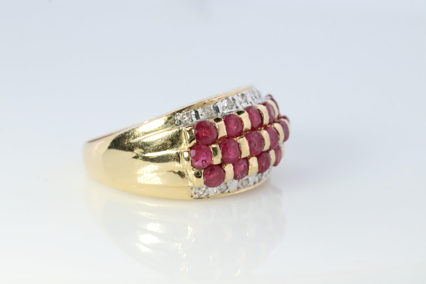 14k Ruby and Diamond Wide Cluster Encrusted ring. 14k Yellow Gold and diamond