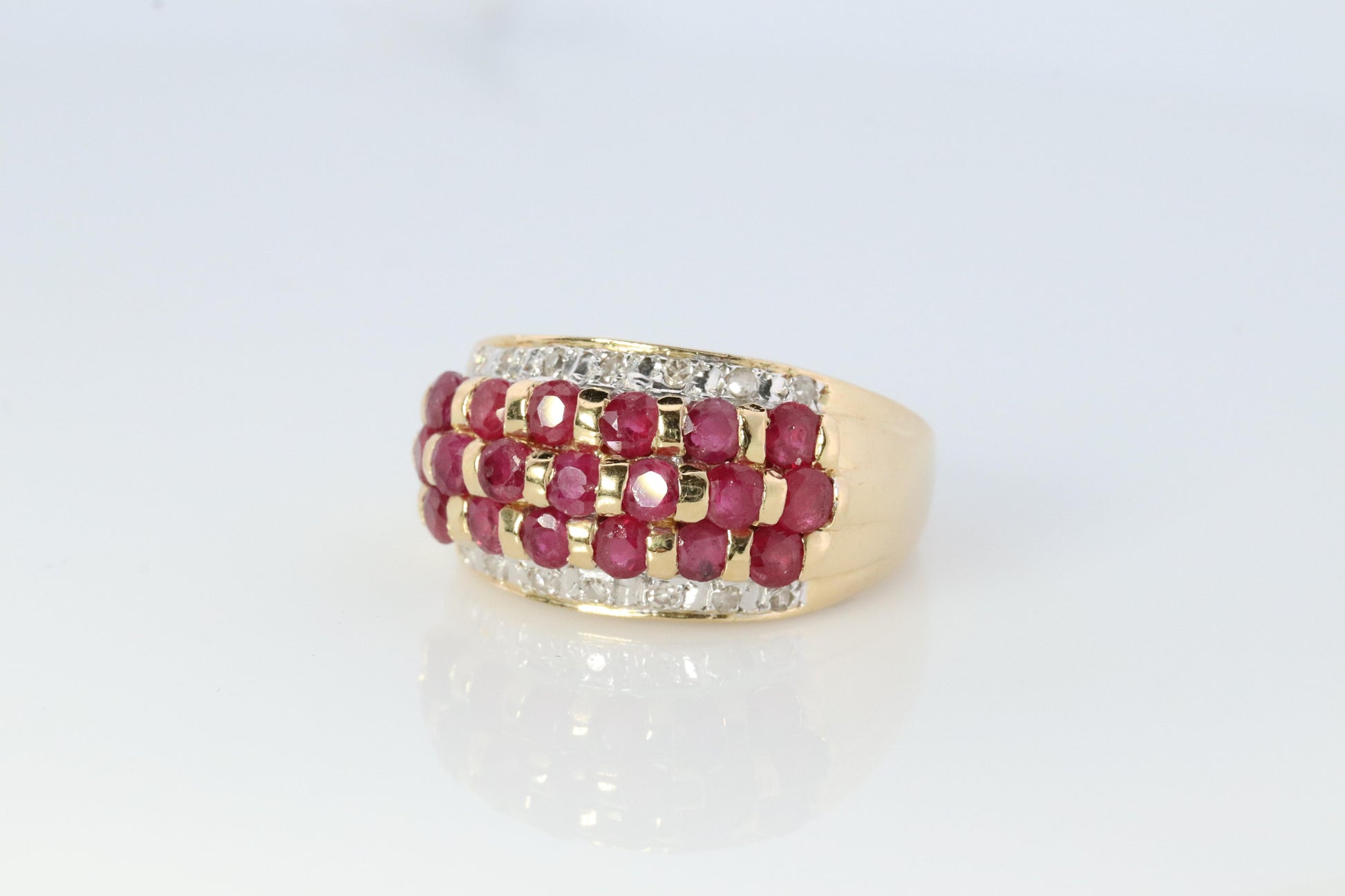 14k Ruby and Diamond Wide Cluster Encrusted ring. 14k Yellow Gold and diamond