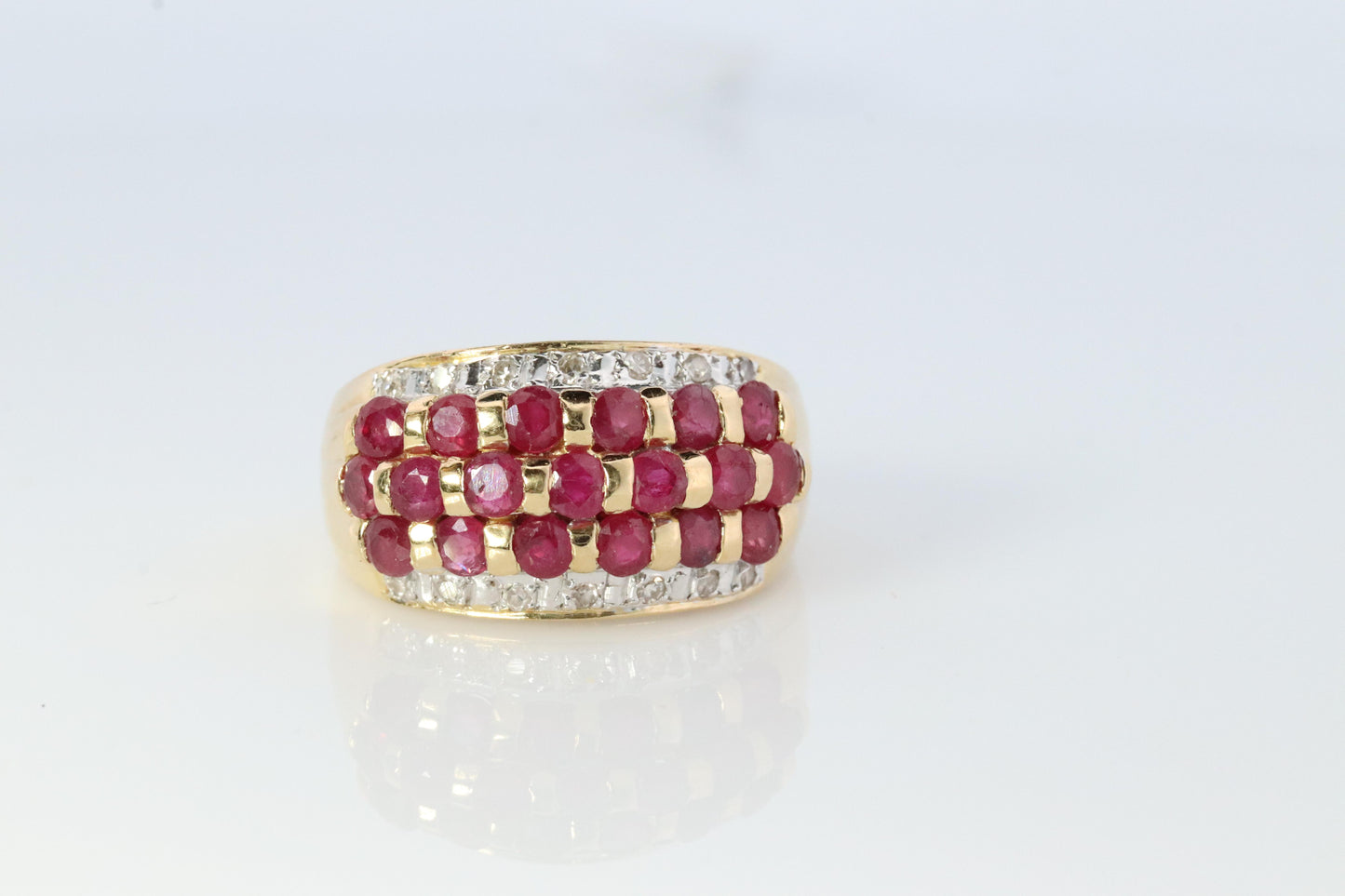 14k Ruby and Diamond Wide Cluster Encrusted ring. 14k Yellow Gold and diamond