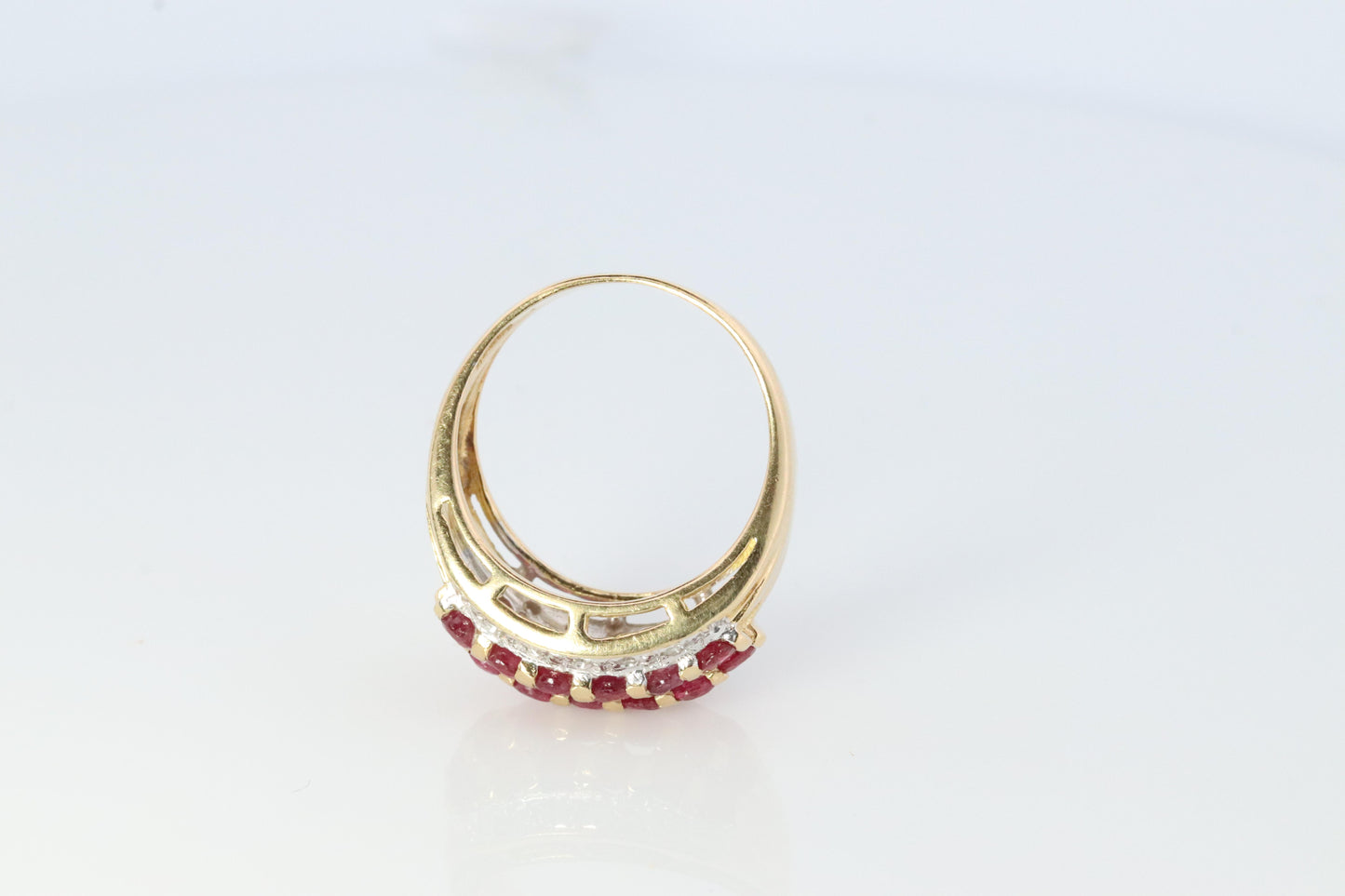 14k Ruby and Diamond Wide Cluster Encrusted ring. 14k Yellow Gold and diamond