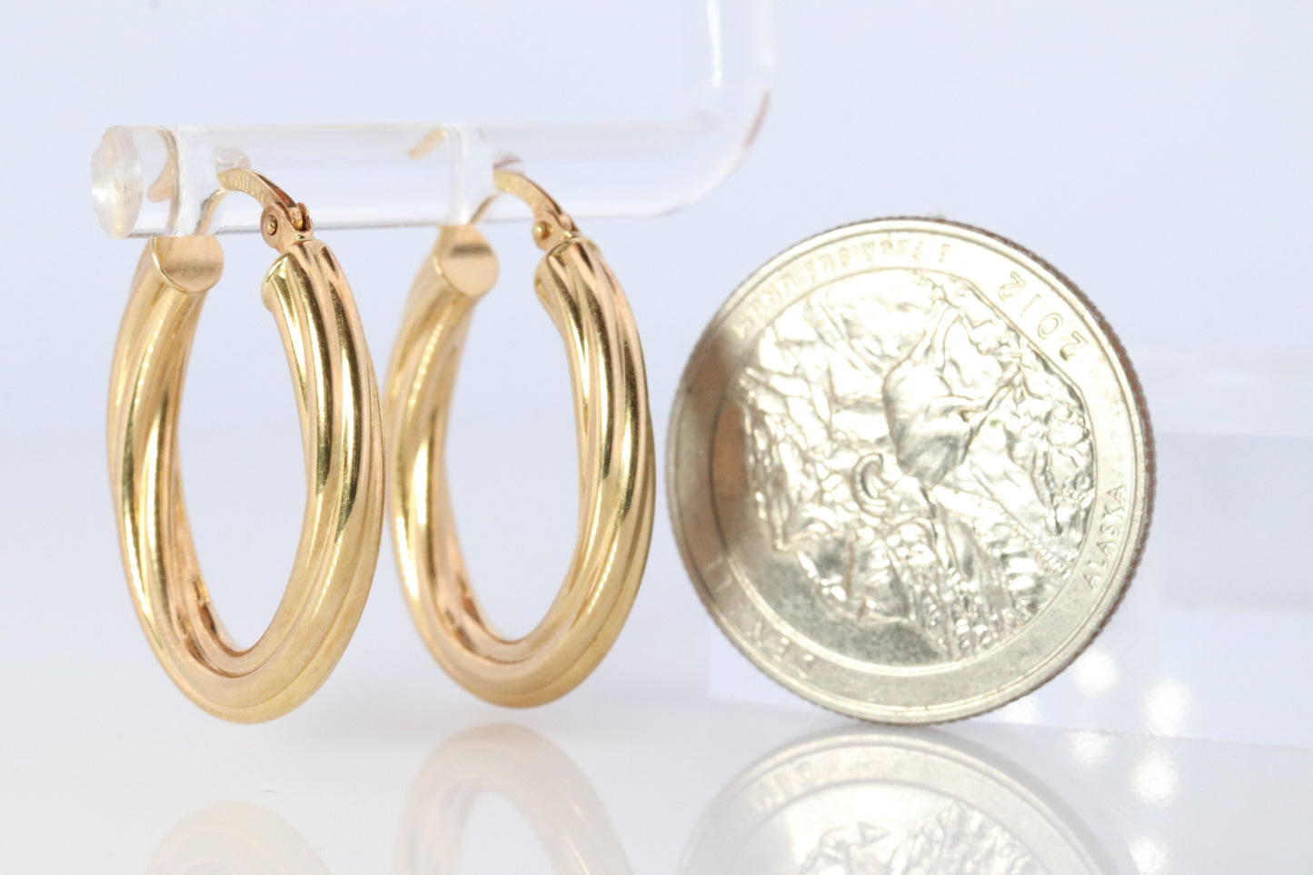 18k Gold Puffed Hollow Twisted HOOP Earrings. MILOR Texture Full HOOPS.