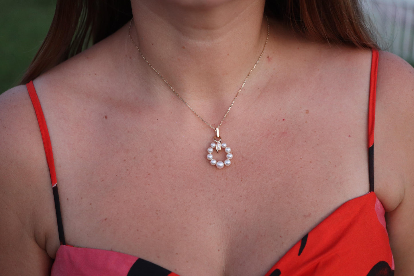 Mikimoto Pendant. Vintage 14k Yellow Gold Mikimoto Pearl Diamond Necklace wreath