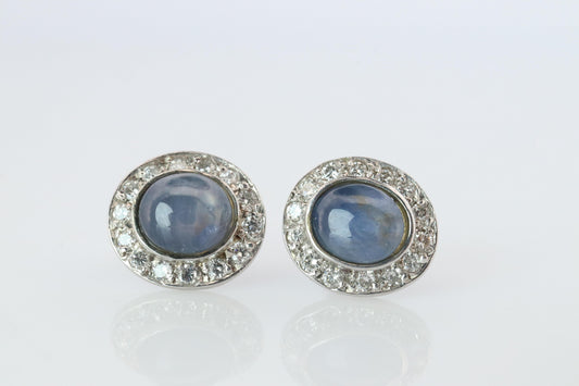 Star Sapphire Stud Earrings. Platinum PT900 Star Saphire Halo Diamond earrings.
