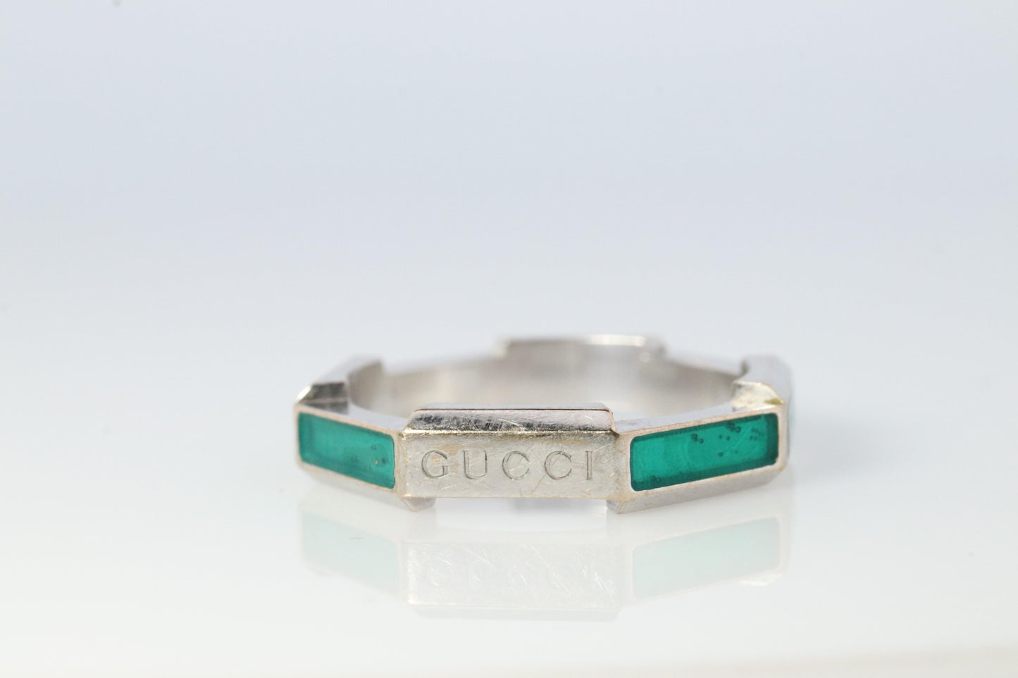 Vintage GUCCI Ring. 18k White Gold Links to Love Diamond Enamel Band.