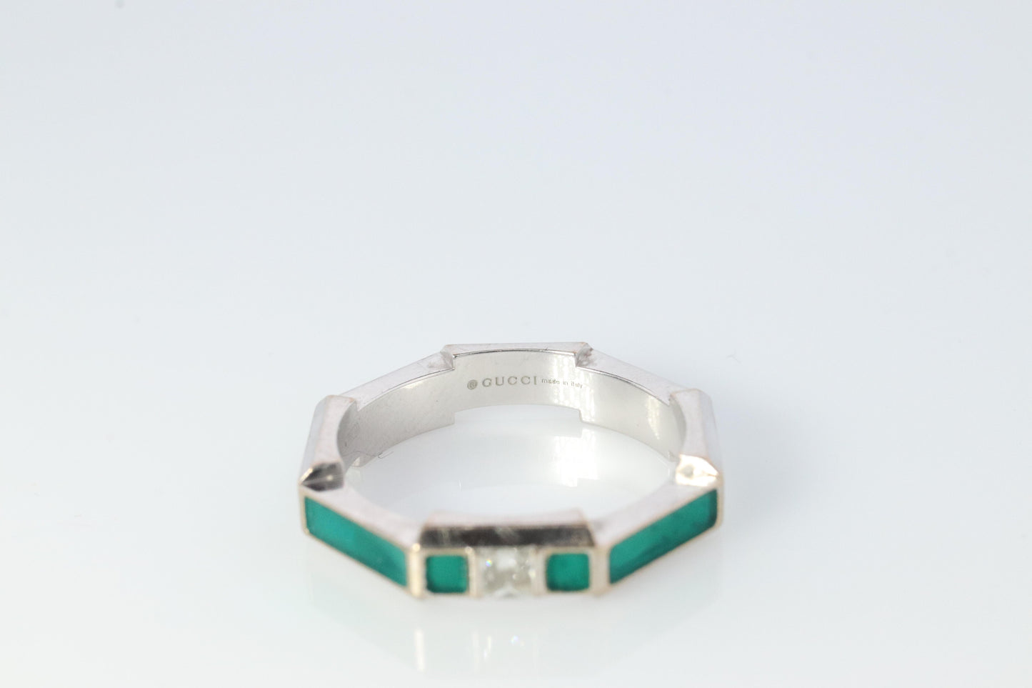 Vintage GUCCI Ring. 18k White Gold Links to Love Diamond Enamel Band.