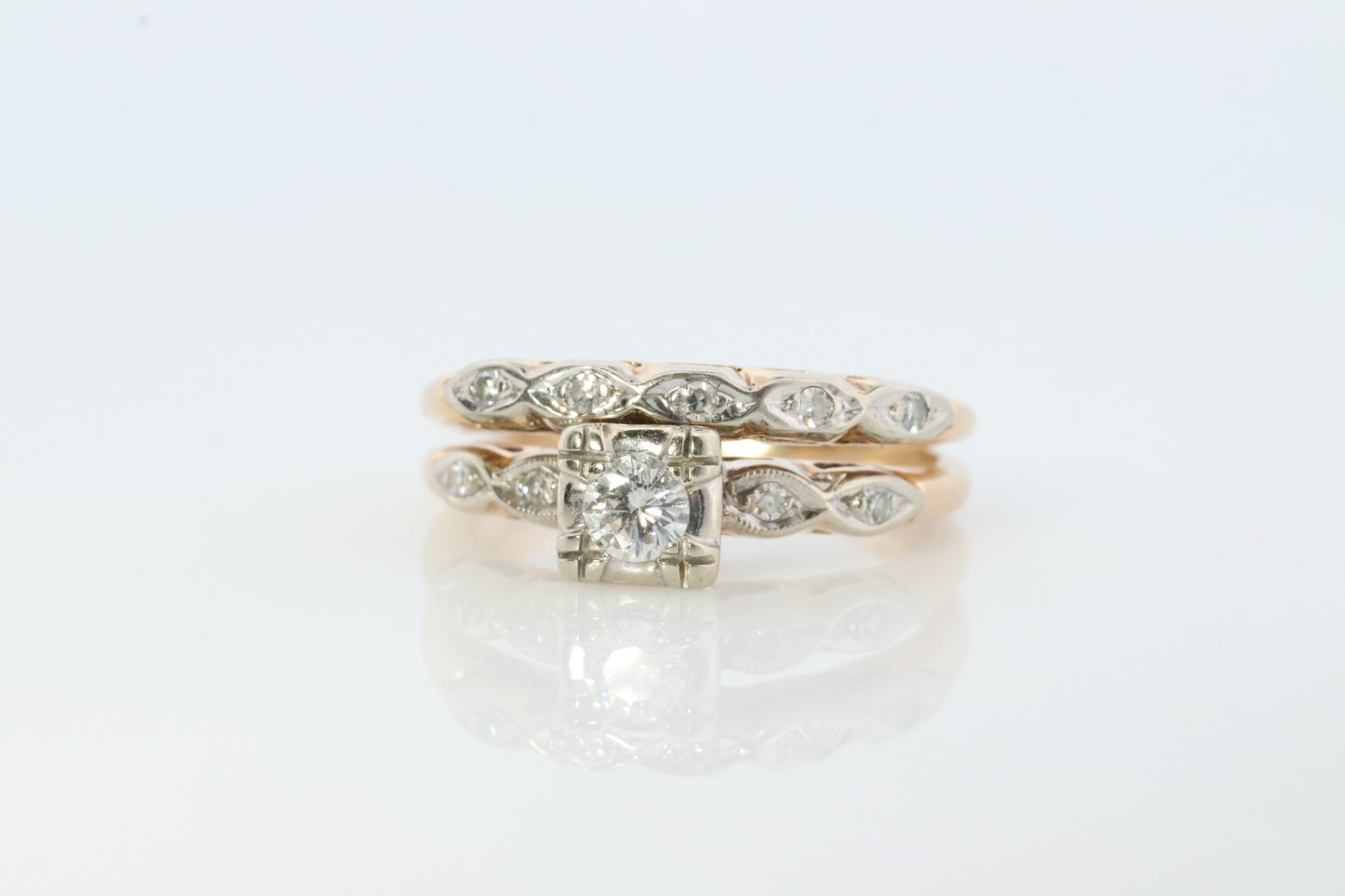 Art Deco Engagement Wedding Diamond Ring Set. Antique DELICATE Wedding Ring Set. 14k Multi-Tone with a Diamond.  st(138)