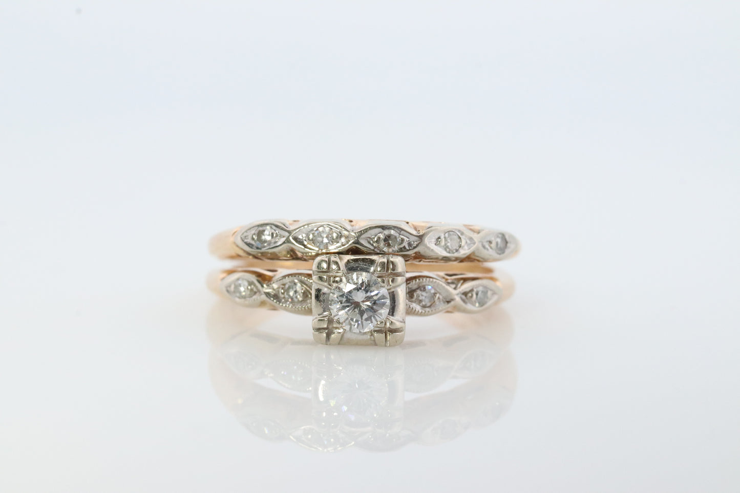 Art Deco Engagement Wedding Diamond Ring Set. Antique DELICATE Wedding Ring Set. 14k Multi-Tone with a Diamond.  st(138)