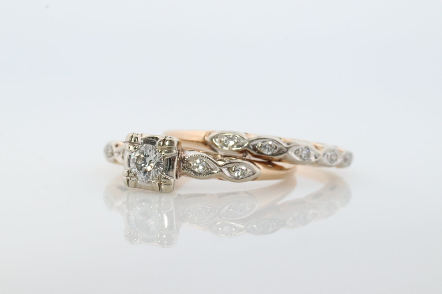 Art Deco Engagement Wedding Diamond Ring Set. Antique DELICATE Wedding Ring Set. 14k Multi-Tone with a Diamond.  st(138)