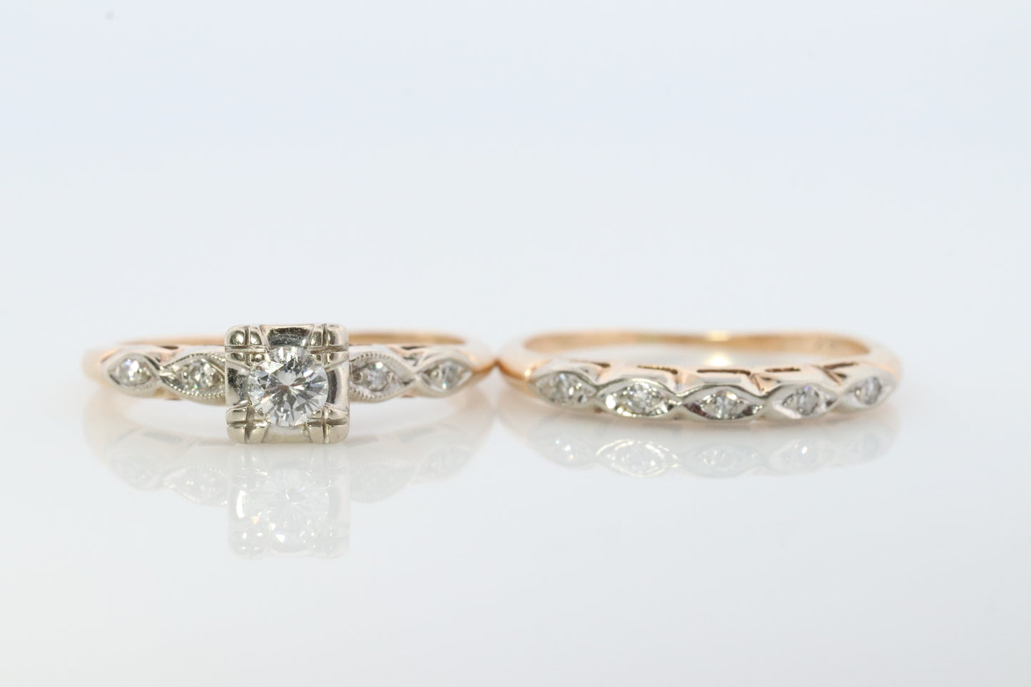 Art Deco Engagement Wedding Diamond Ring Set. Antique DELICATE Wedding Ring Set. 14k Multi-Tone with a Diamond.  st(138)