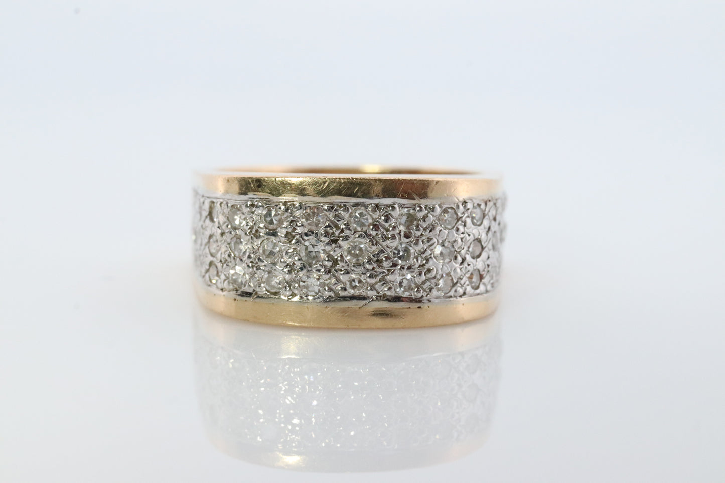 14k Diamond Pave Encrusted Band. Heavy Wide diamond 3 row pave ring. Euro Shank Flat Bottom Wide Comfortable. st(230)