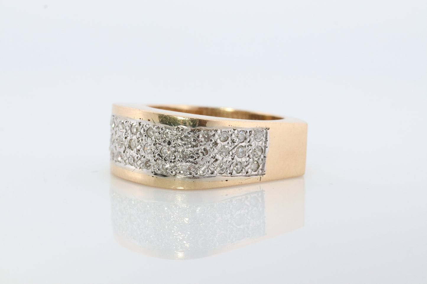 14k Diamond Pave Encrusted Band. Heavy Wide diamond 3 row pave ring. Euro Shank Flat Bottom Wide Comfortable. st(230)