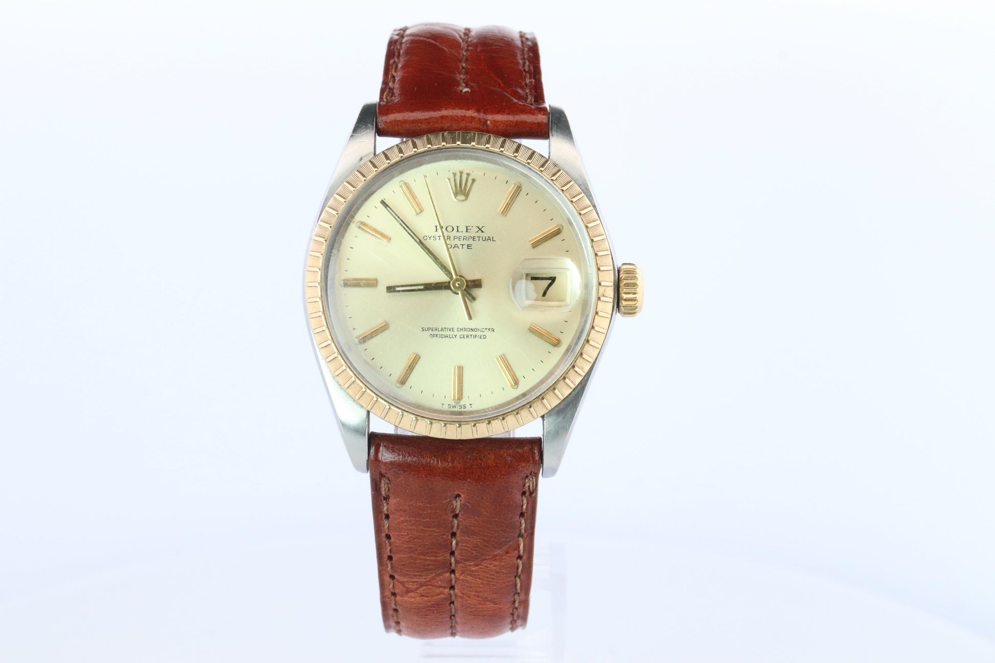 Genuine Rolex 1505 Watch. Rolex Oyster Perpetual Date 34mm Engine Turned Bezel