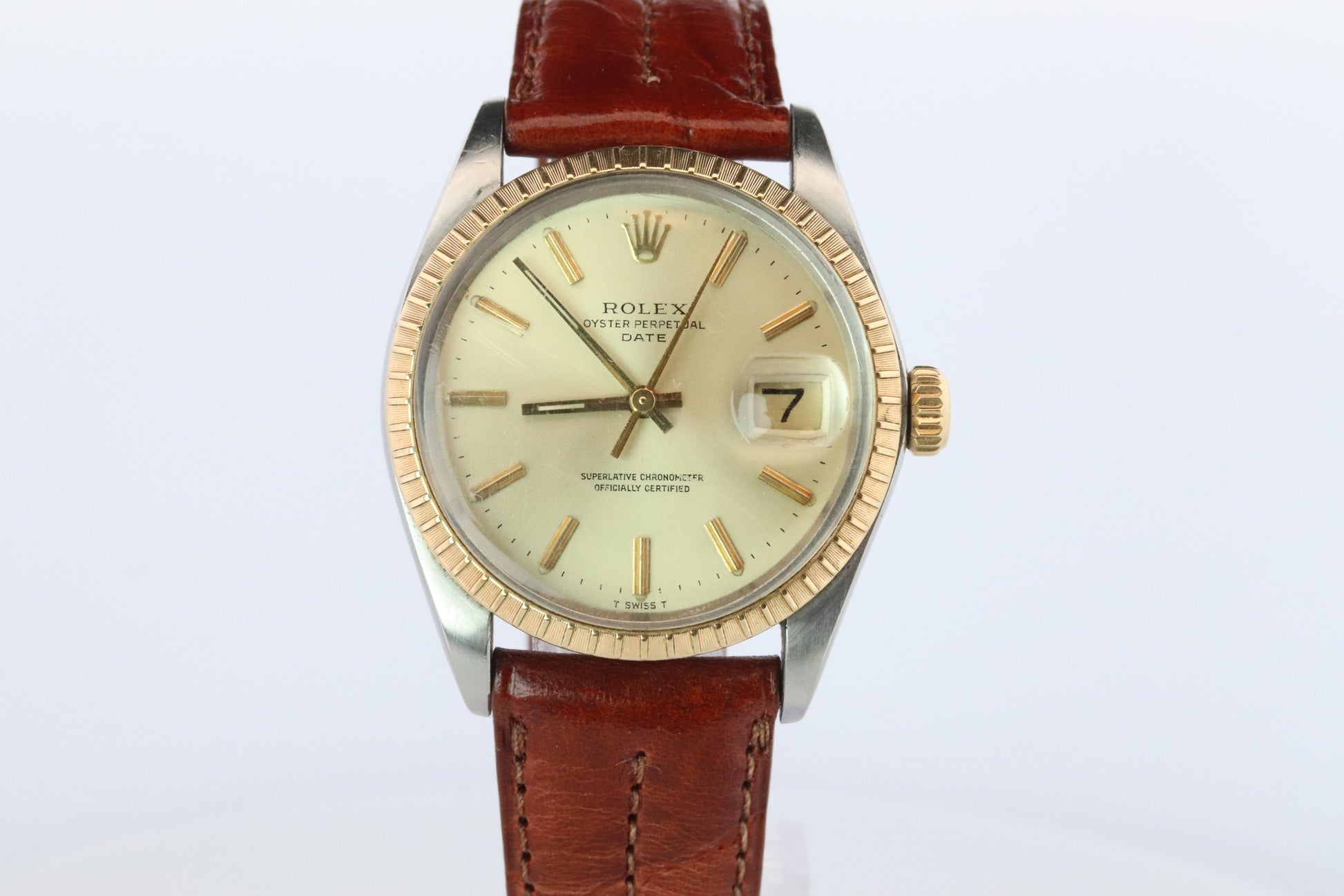 Genuine Rolex 1505 Watch. Rolex Oyster Perpetual Date 34mm Engine Turned Bezel