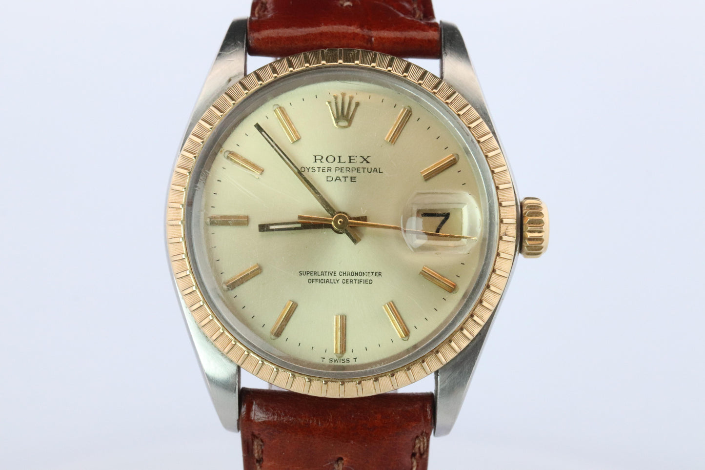 Genuine Rolex 1505 Watch. Rolex Oyster Perpetual Date 34mm Engine Turned Bezel