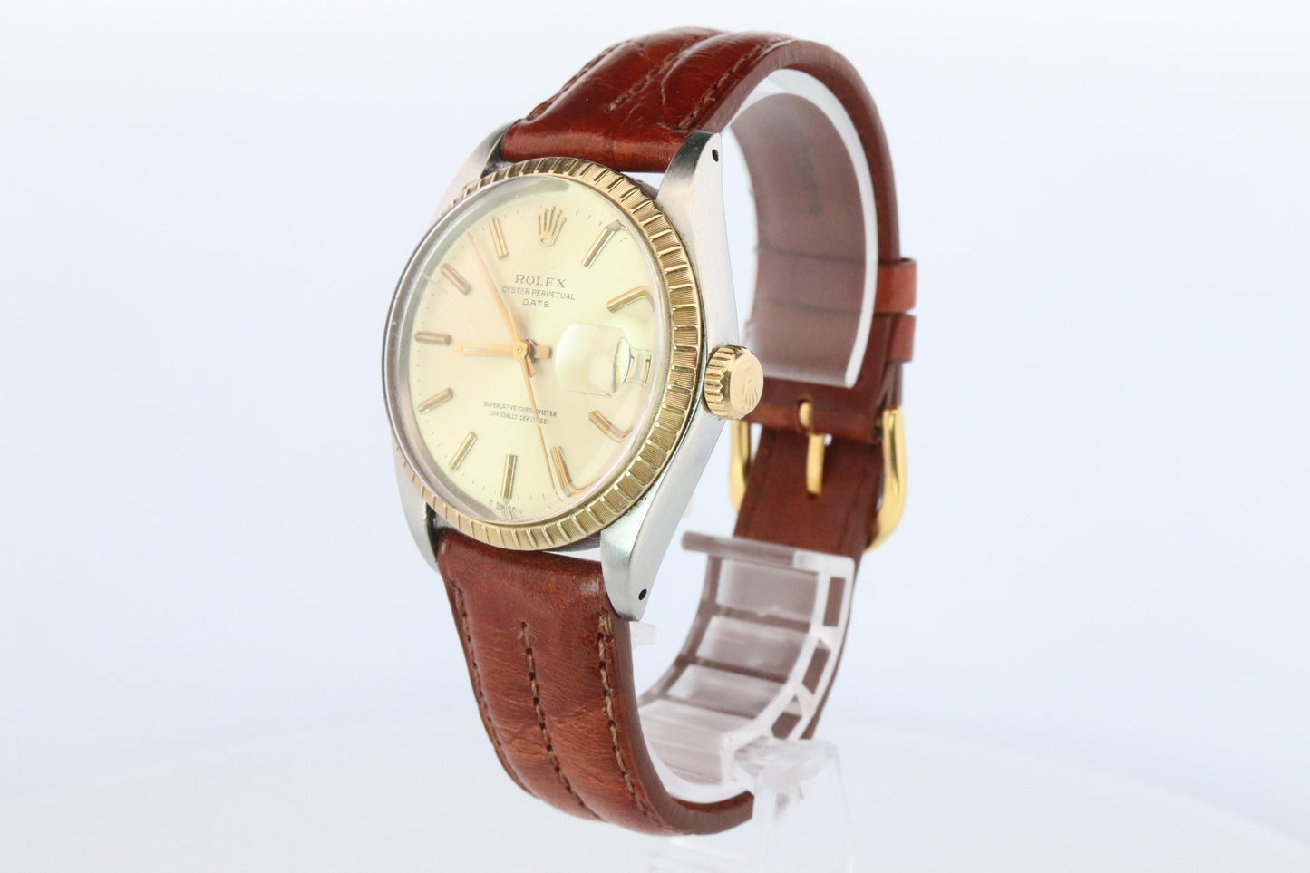 Genuine Rolex 1505 Watch. Rolex Oyster Perpetual Date 34mm Engine Turned Bezel