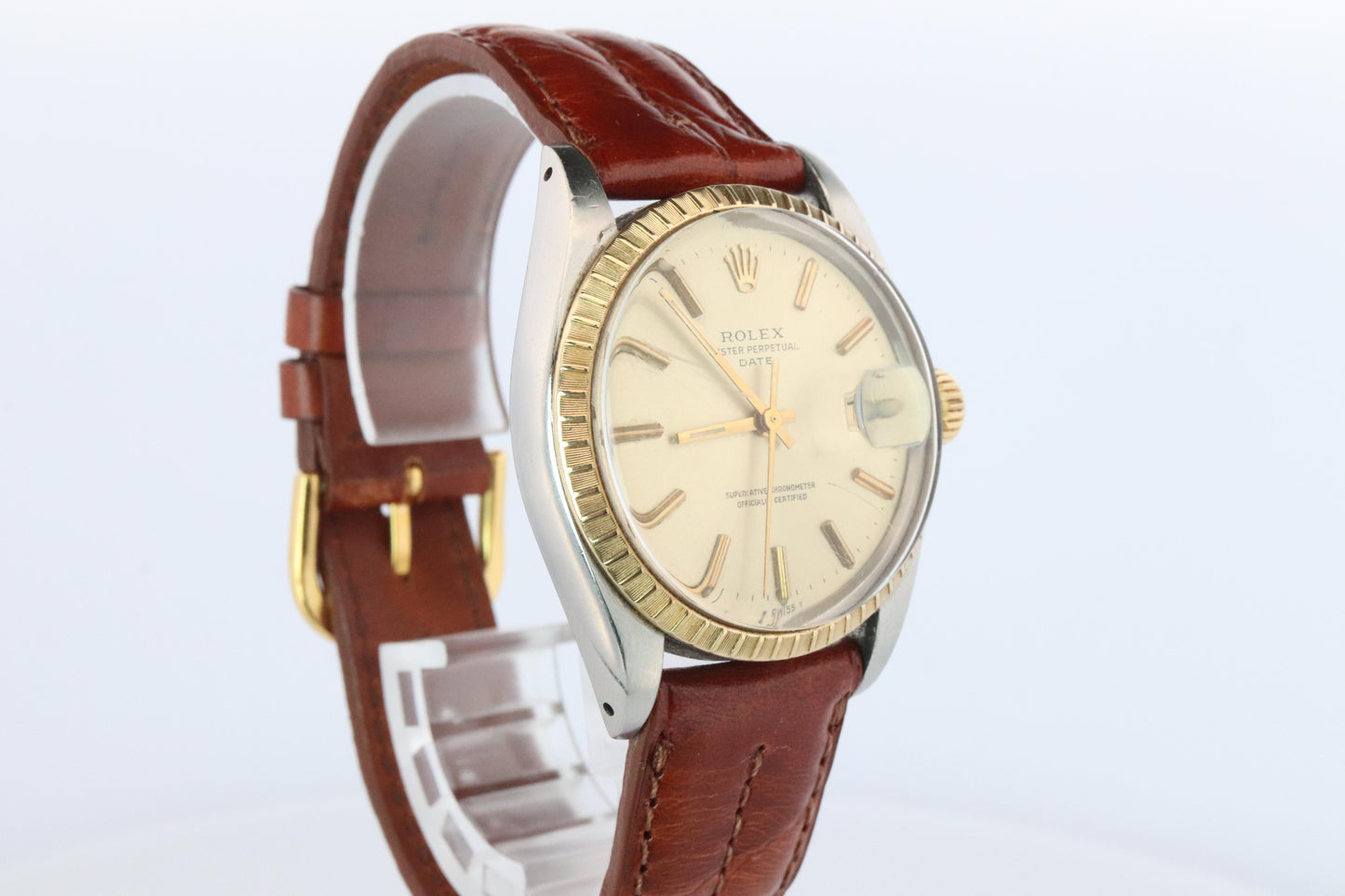 Genuine Rolex 1505 Watch. Rolex Oyster Perpetual Date 34mm Engine Turned Bezel