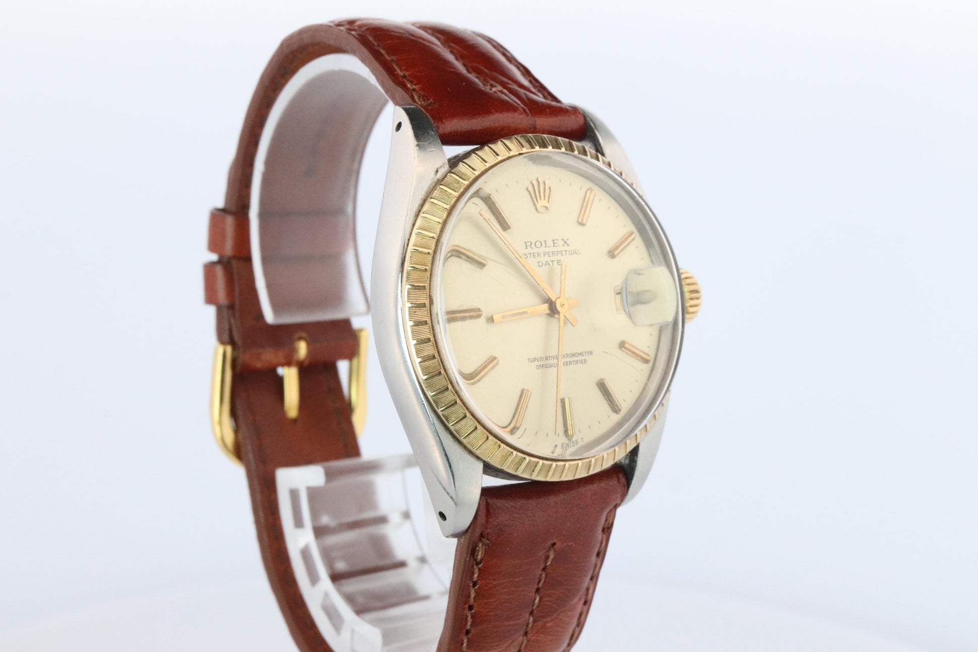 Genuine Rolex 1505 Watch. Rolex Oyster Perpetual Date 34mm Engine Turned Bezel