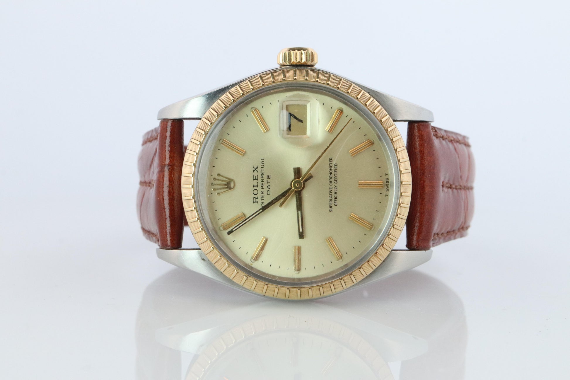 Genuine Rolex 1505 Watch. Rolex Oyster Perpetual Date 34mm Engine Turned Bezel