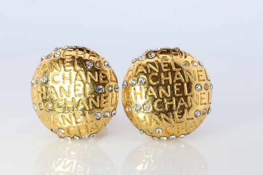 Chanel Earrings. Genuine CC CHANEL Round LOGO Clip on earrings Disc disk Crystal