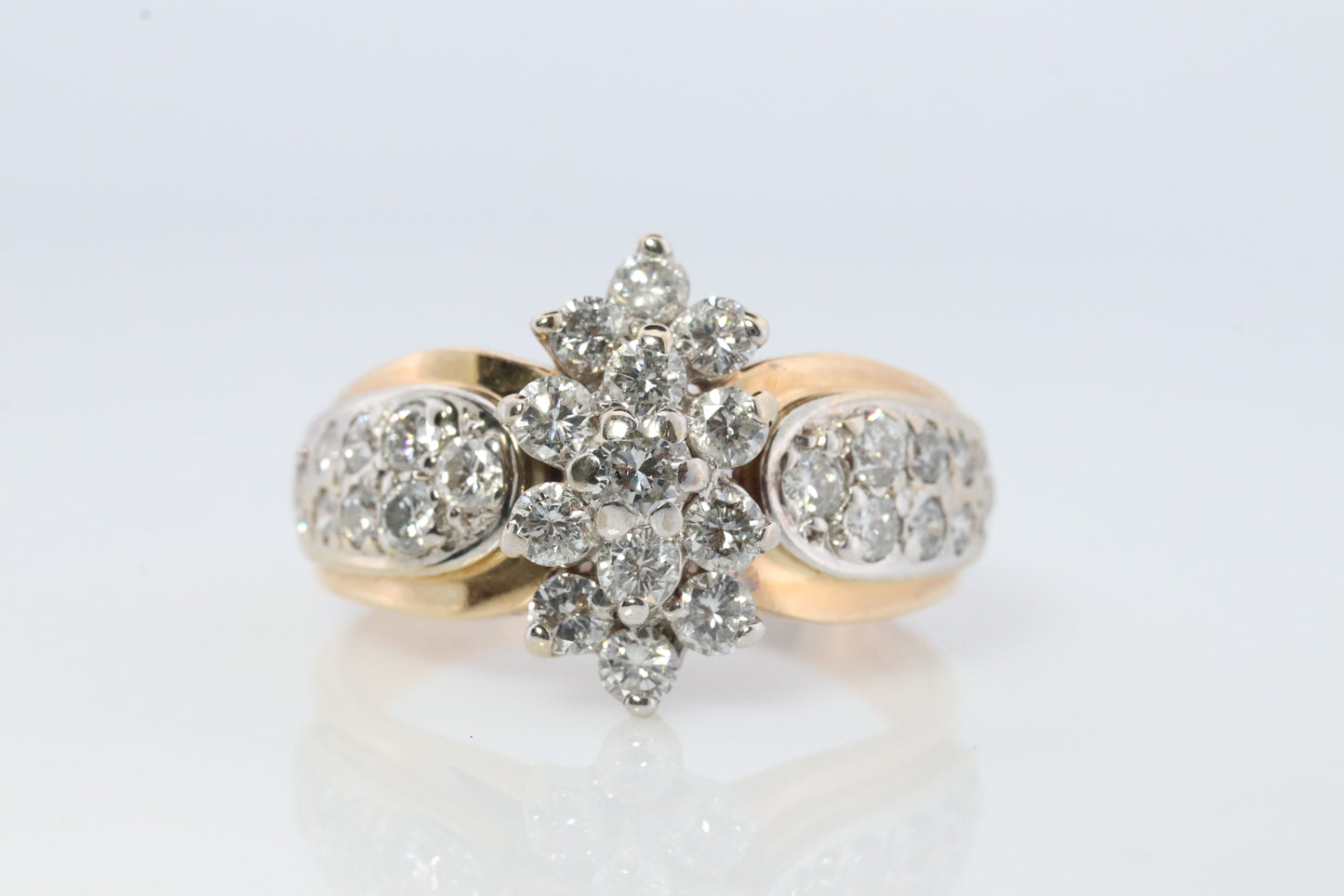 14k Yellow Gold Ring. Round Diamond Cluster Ring. Waterfall diamond. 1.75ctw diamonds