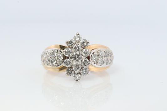 14k Yellow Gold Ring. Round Diamond Cluster Ring. Waterfall diamond. 1.75ctw diamonds