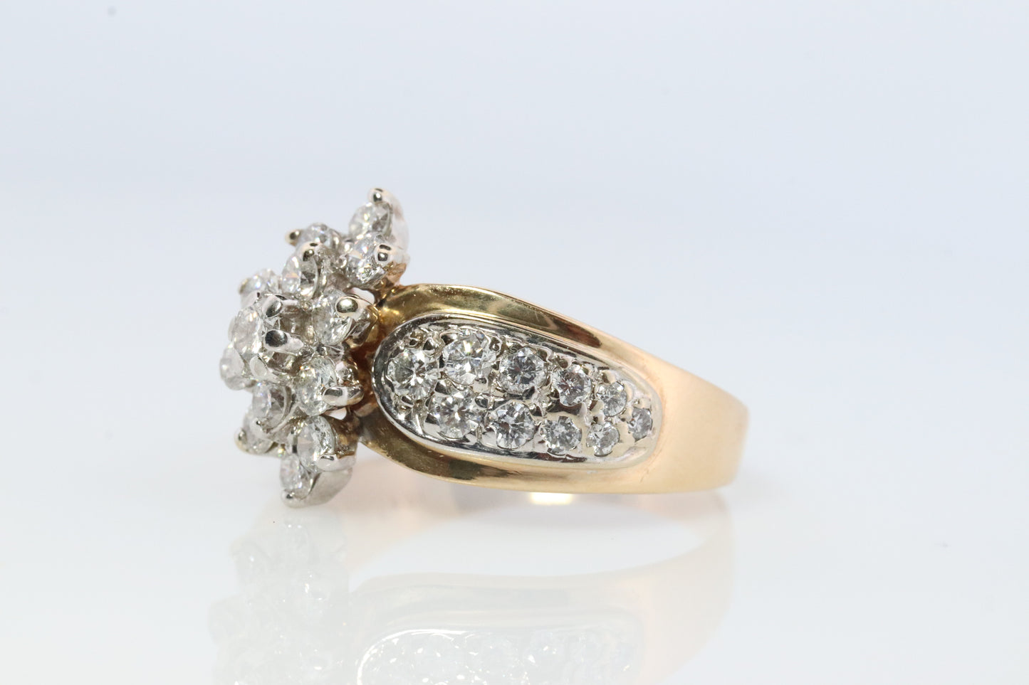 14k Yellow Gold Ring. Round Diamond Cluster Ring. Waterfall diamond. 1.75ctw diamonds