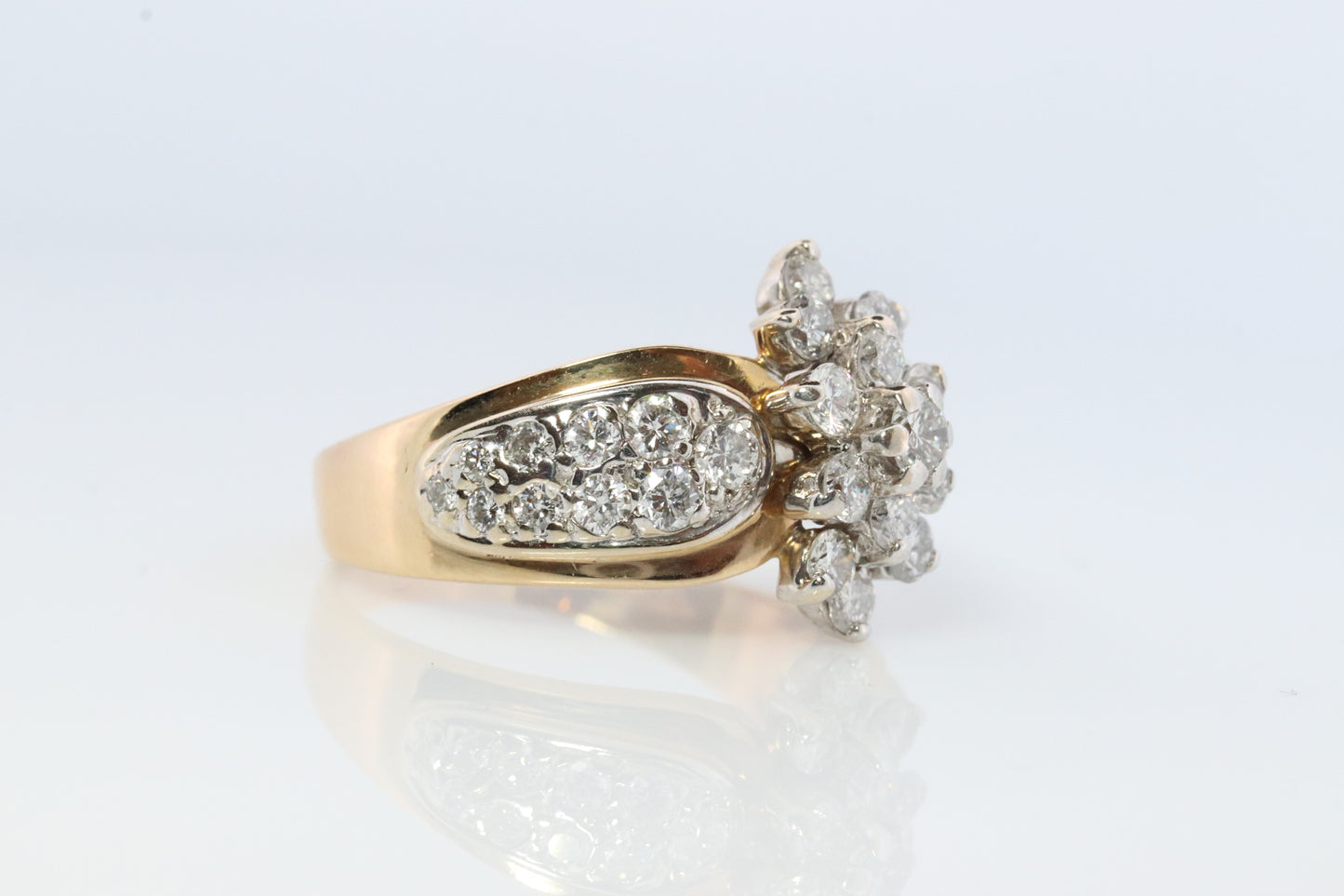 14k Yellow Gold Ring. Round Diamond Cluster Ring. Waterfall diamond. 1.75ctw diamonds