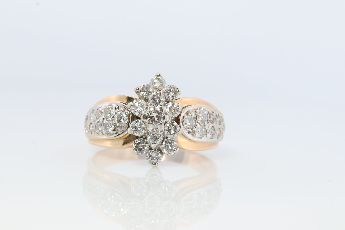 14k Yellow Gold Ring. Round Diamond Cluster Ring. Waterfall diamond. 1.75ctw diamonds