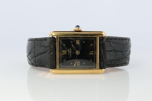 Vintage Must de Cartier Trinity Tank Watch. 925 Vermeil ARGENT Black Tank.