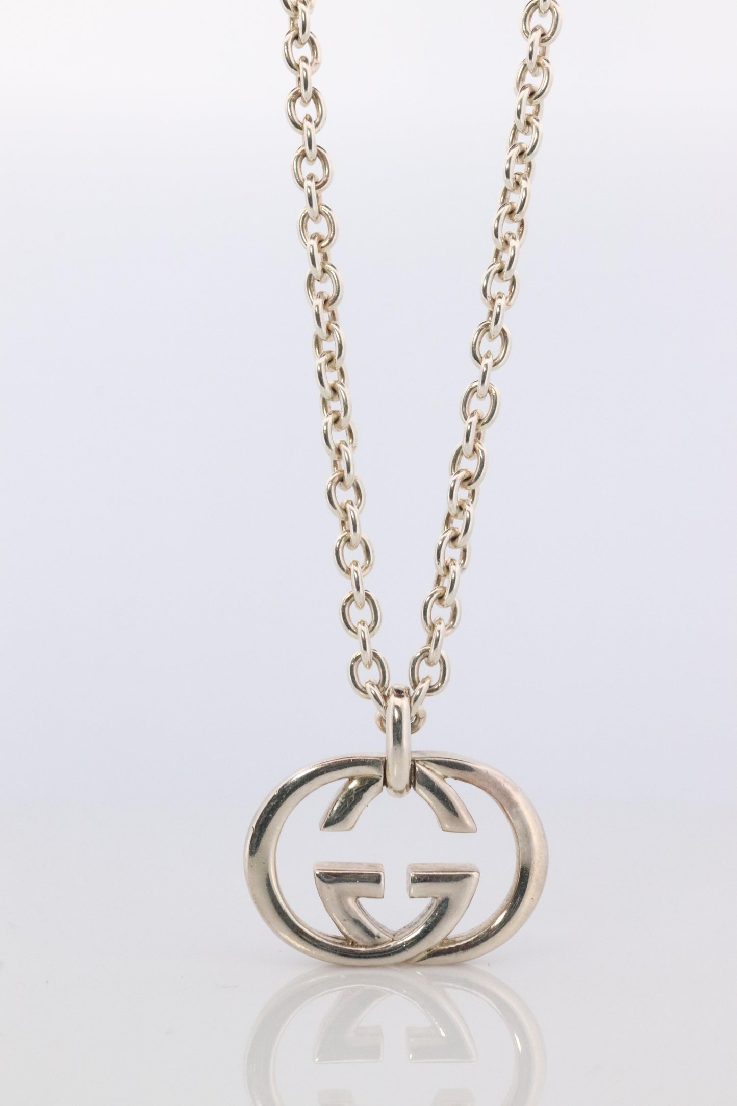 Vintage GUCCI Necklace. Double G Gucci Logo Sterling Silver Pendant Original box