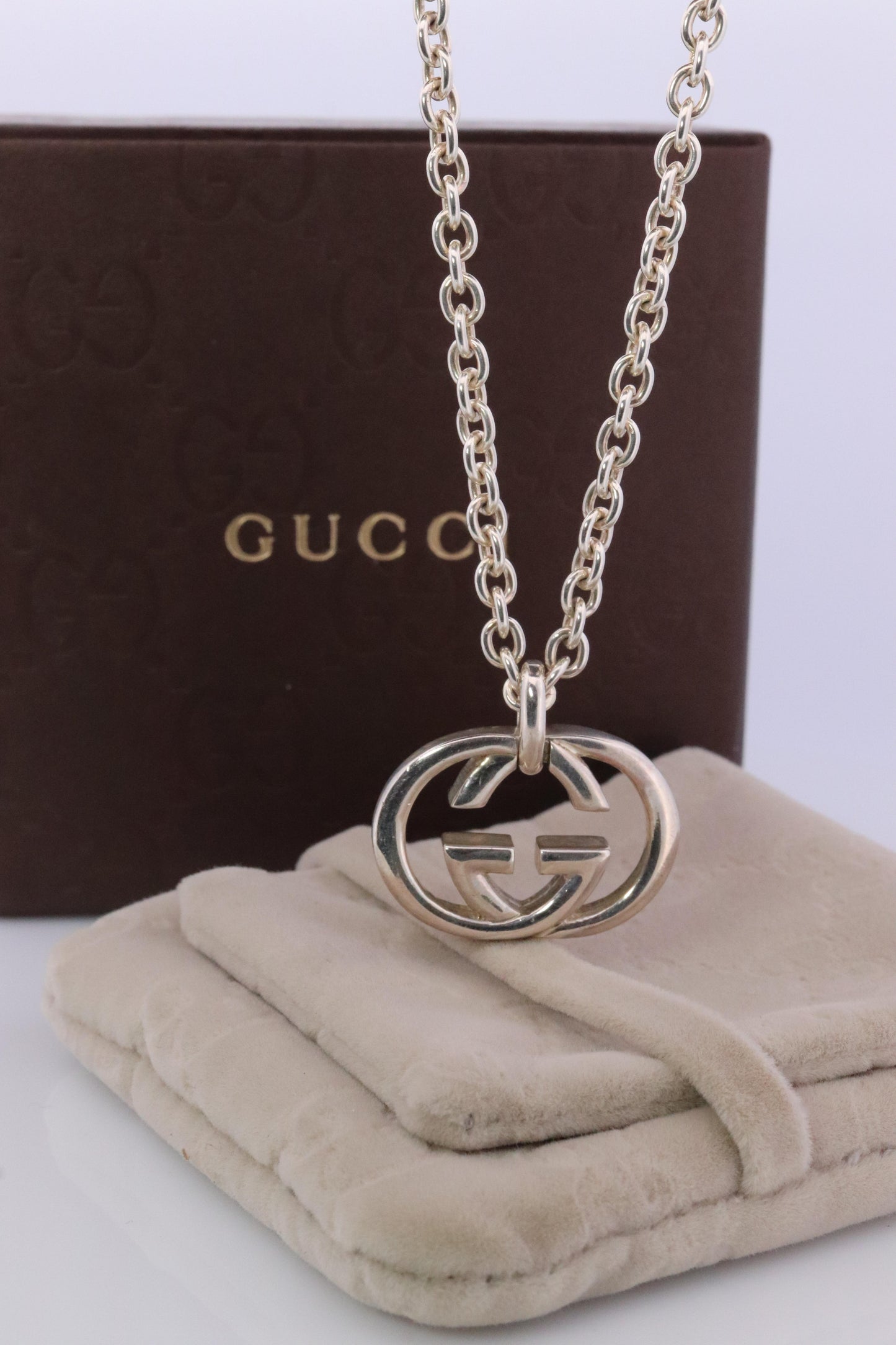 Vintage GUCCI Necklace. Double G Gucci Logo Sterling Silver Pendant Original box