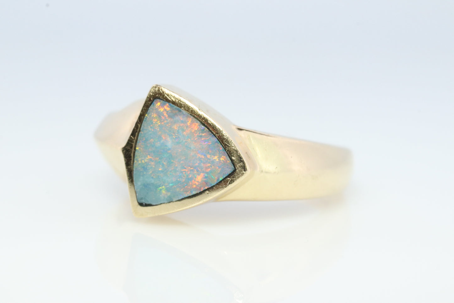 14k Opal inlay ring. Triangle OPAL bezel set ring. Made by BO. st(207)