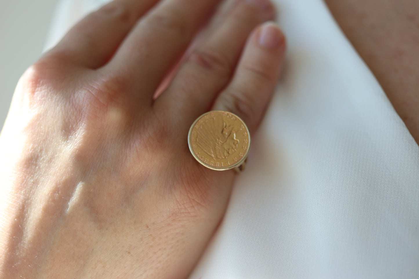 14k Gold ring with a 22K 2.5 Dollar 1908 Indian Chief Head Coin bezel set. Bezel set Signet Coin ring.