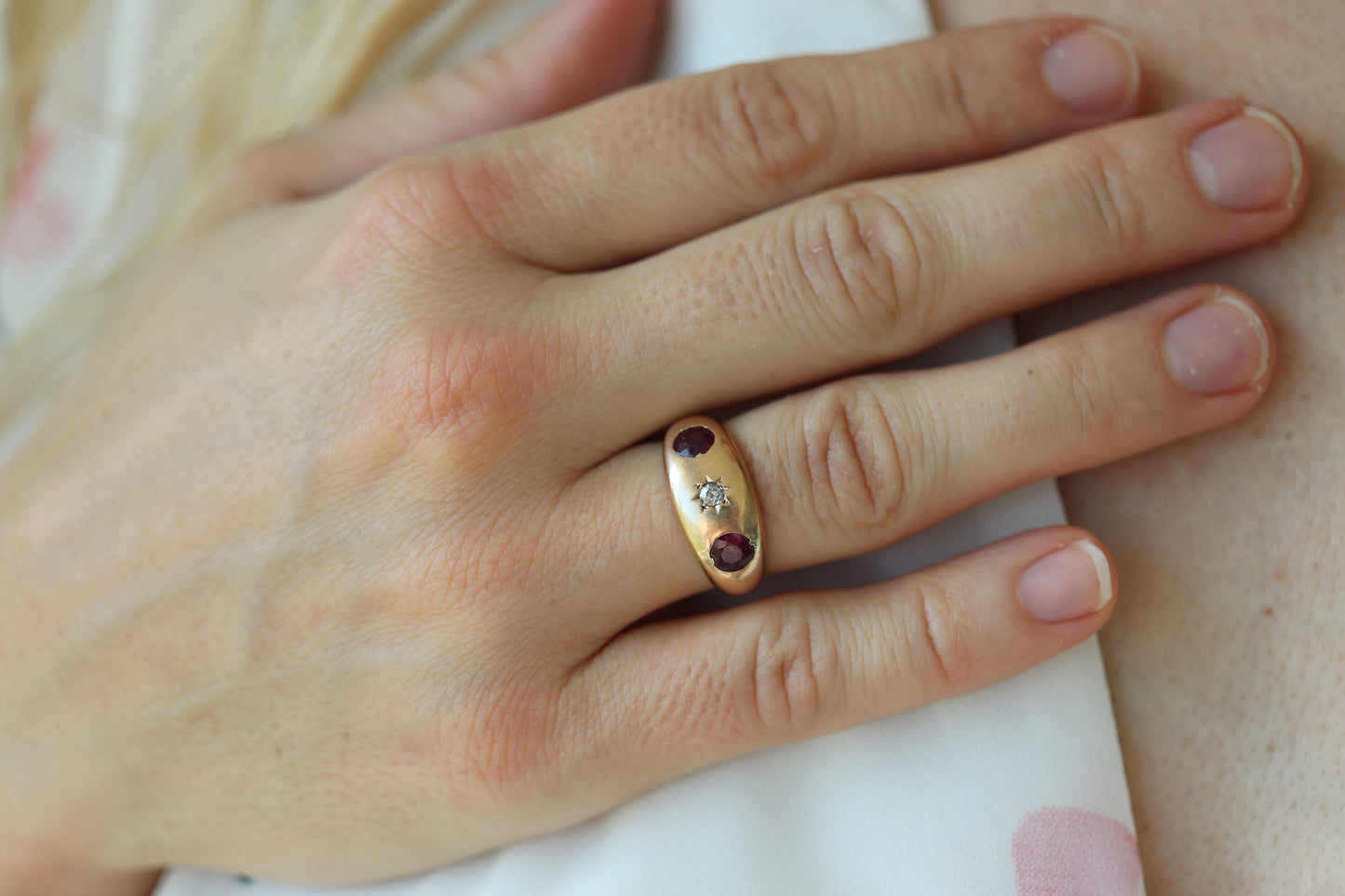 Antique 14k Triple Ruby Diamond signet ring. Gypsy Diamond bezel set into Signet band. 14k Gold Anniversary Three stone band ring