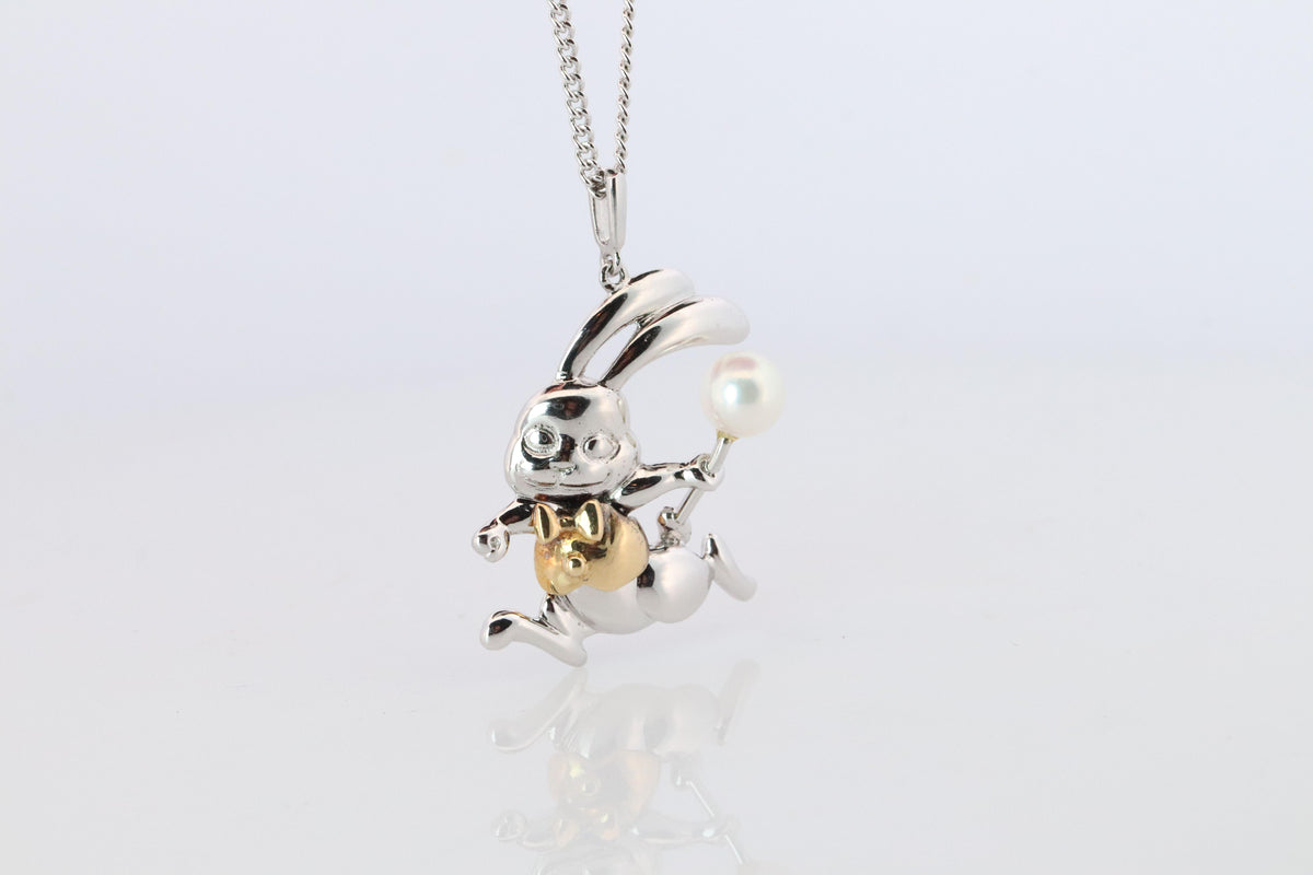 Mikimoto Pendant Sterling Silver. 18k SS Mikimoto Rabbit Pearl Pendant Necklace.