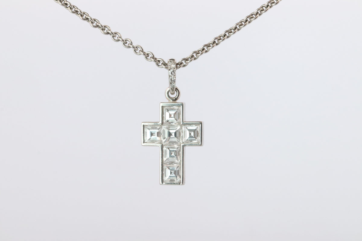 Genuine Cartier Cross Diamond Pendant 950 PT Diamond Illusion Charm Necklace