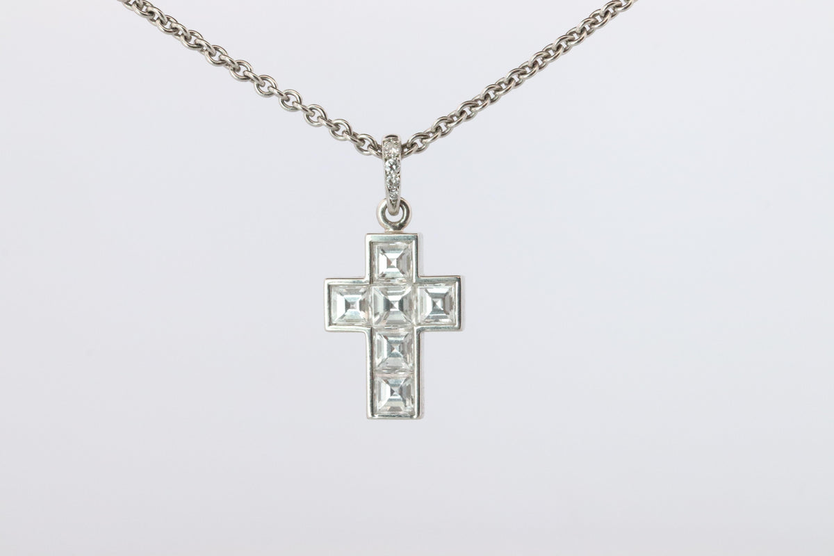 Genuine Cartier Cross Diamond Pendant 950 PT Diamond Illusion Charm Necklace