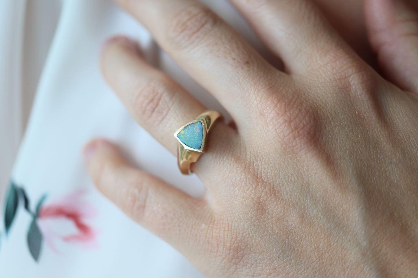 14k Opal inlay ring. Triangle OPAL bezel set ring. Made by BO. st(207)