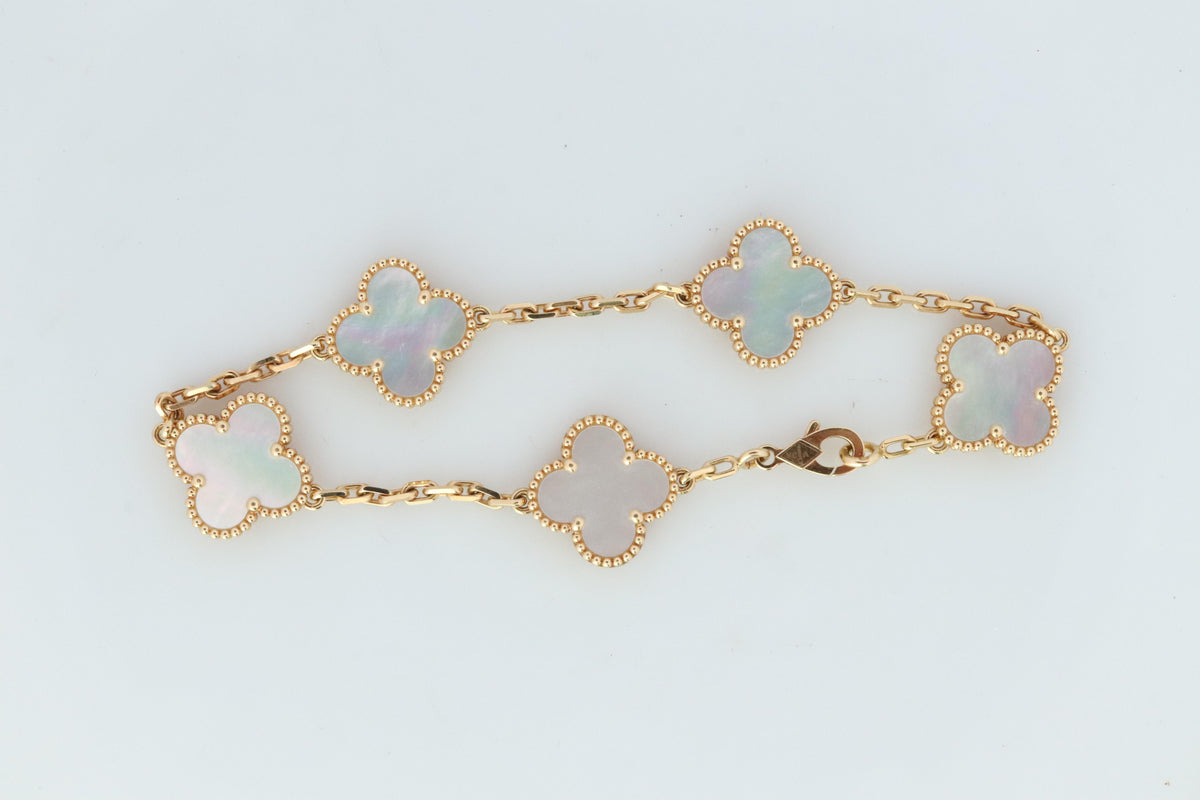 Van Cleef Arpels Alhambra Bracelet Genuine VCA 18k YG Mother of Pearl 5P Motifs