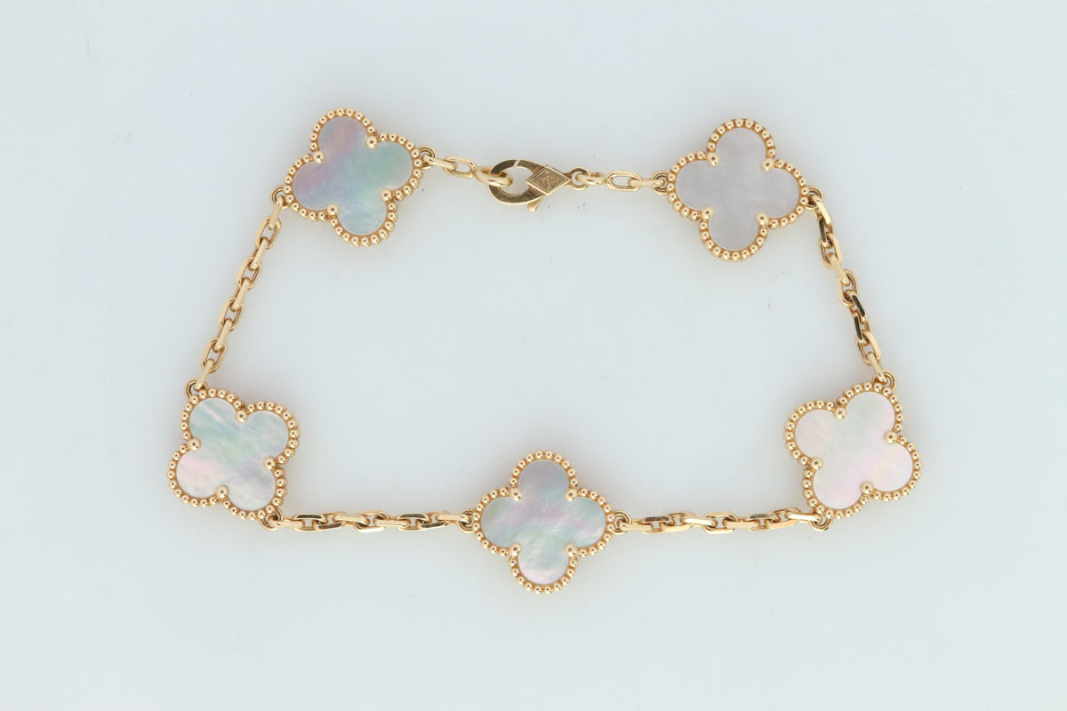 Van Cleef Arpels Alhambra Bracelet Genuine VCA 18k YG Mother of Pearl 5P Motifs