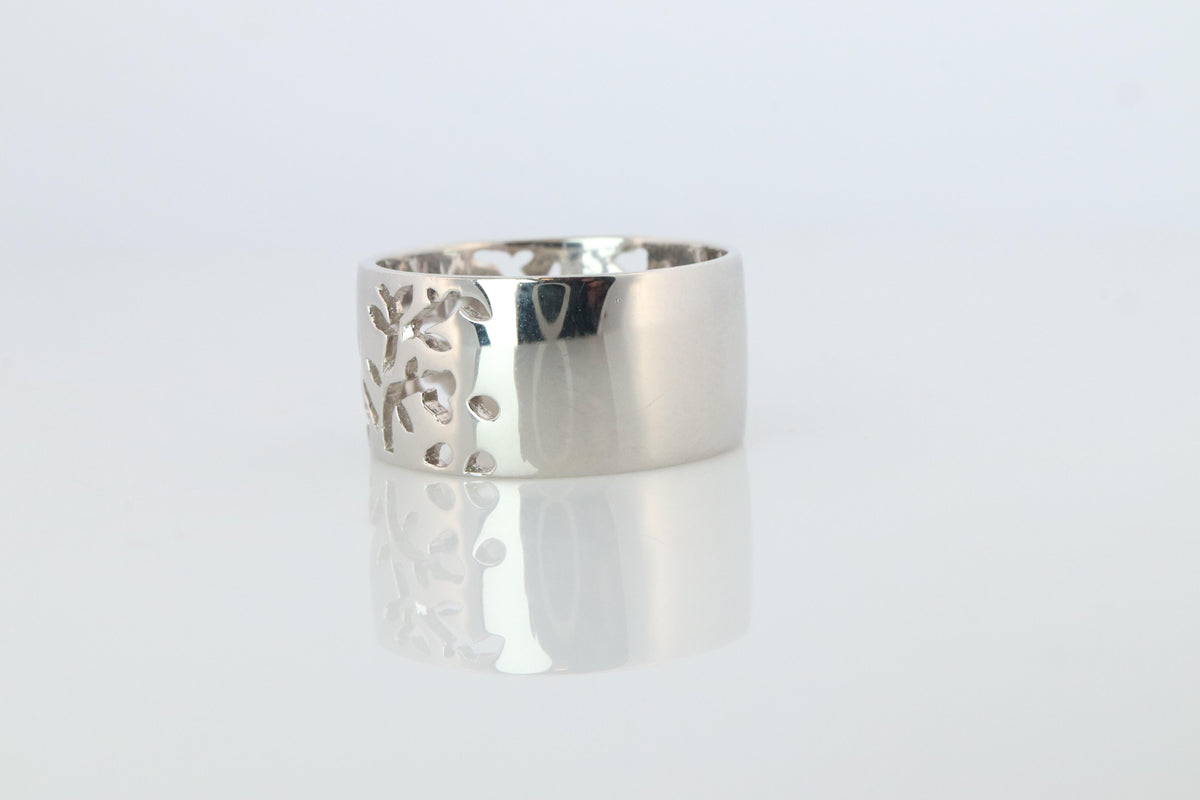 Mikimoto Wide Band. Platinum Mikimoto Intricate Floral Negative Stamped ring.