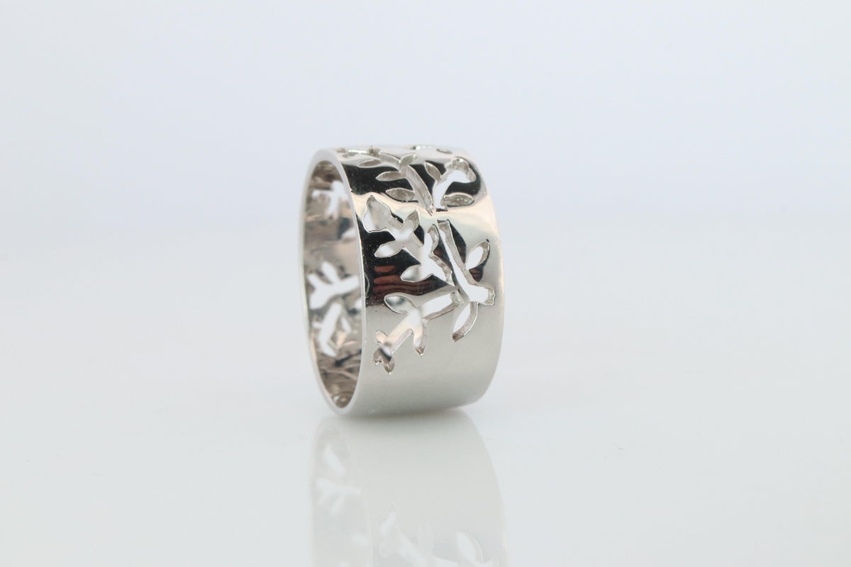 Mikimoto Wide Band. Platinum Mikimoto Intricate Floral Negative Stamped ring.