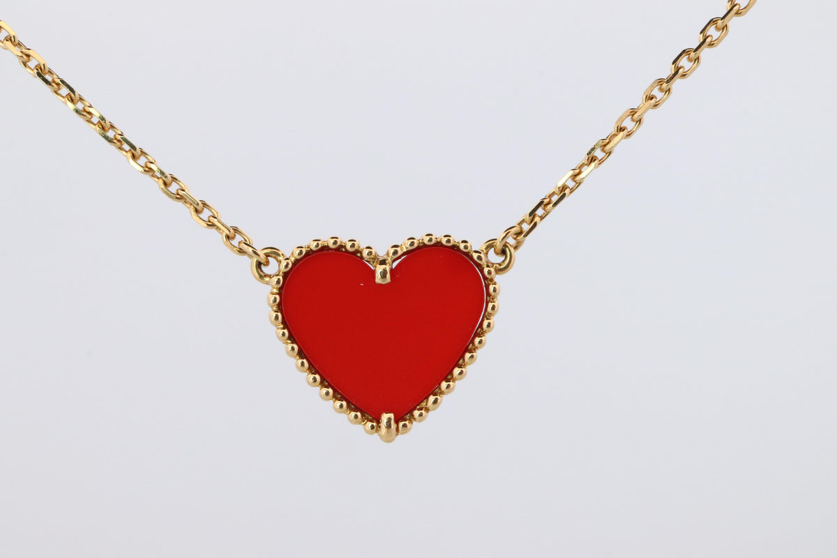Van Cleef Arpels Lucky Alhambra Necklace. Genuine VCA 18k WG Carnelian Heart